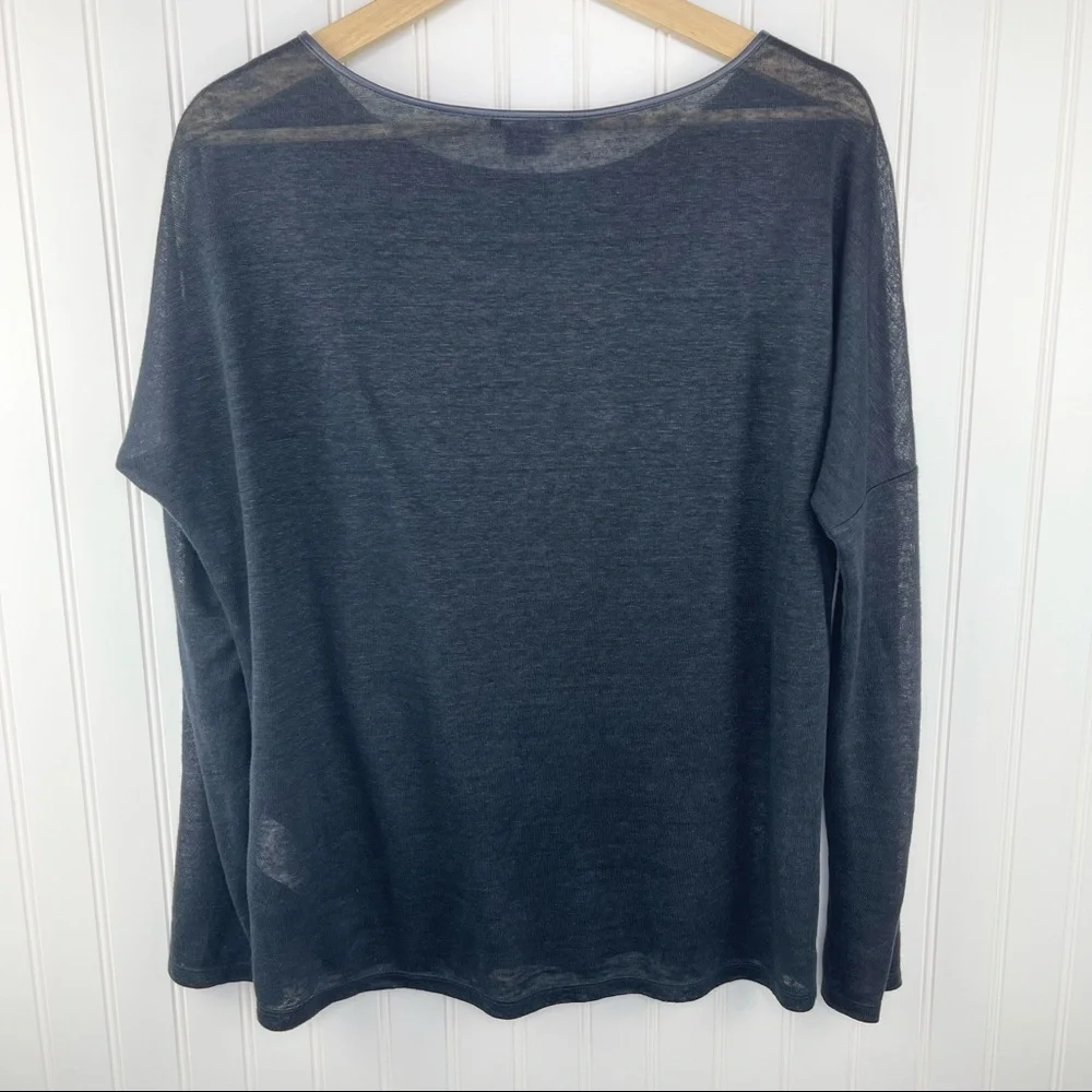Vince Linen And Lamb Leather Trimmed Long Sleeve Top Navy Blue Size Small - Picture 4 of 7